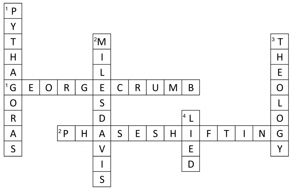 Crossword Puzzle answers: George Crumb, Phase shifting, Pythagoras, Miles Davis, Theology, Lied